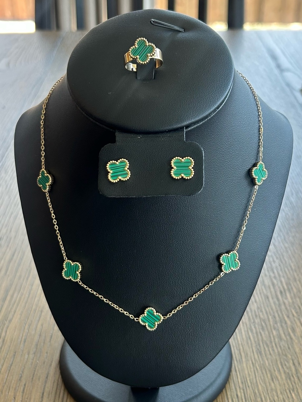 Fashion Jewelry Gold-Tone Necklace, Earrings & Ring with Green Clover Accents